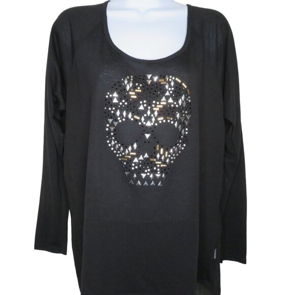 Vintage 90s Y2K Volcom Black Top Womens M Skull Long Sleeve Sheer Back - Picture 2 of 8